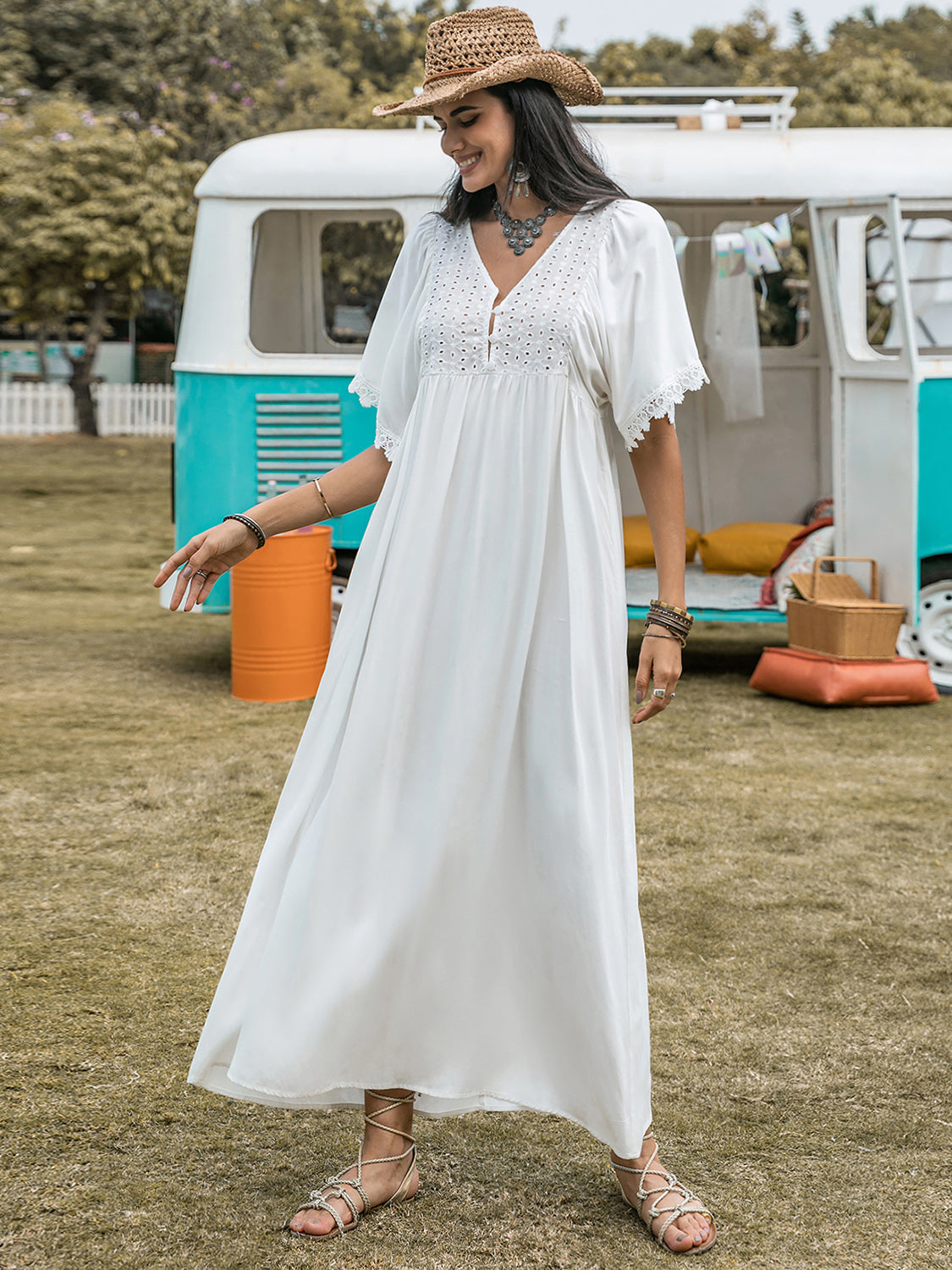 Lace Detail Eyelet V-Neck Half Sleeve Dress - Love Culture Lace Detail Eyelet V-Neck Half Sleeve Dress - Love Culture