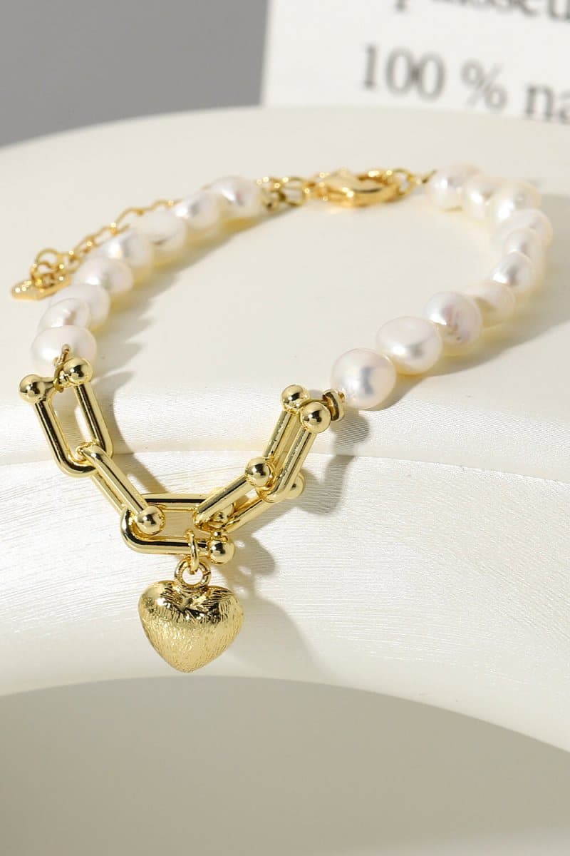 14K Gold Plated Heart Charm Pearl Bracelet - Love Culture