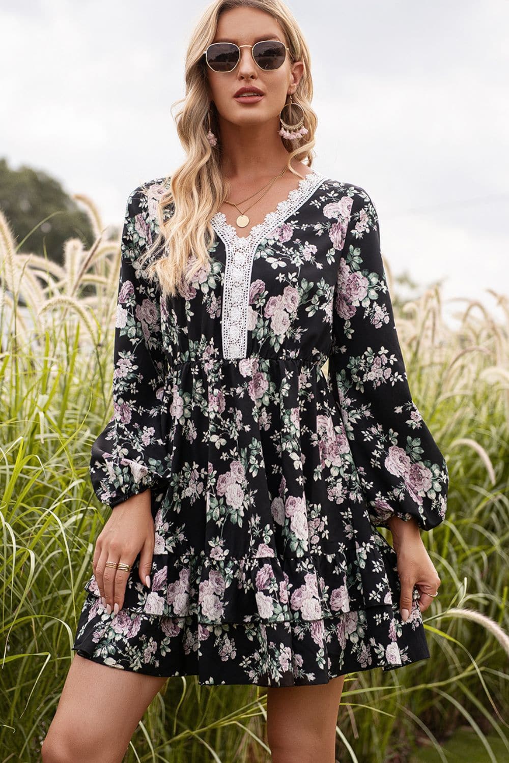 Floral Lace Trim Long Sleeve Dress - Love Culture Floral Lace Trim Long Sleeve Dress - Love Culture