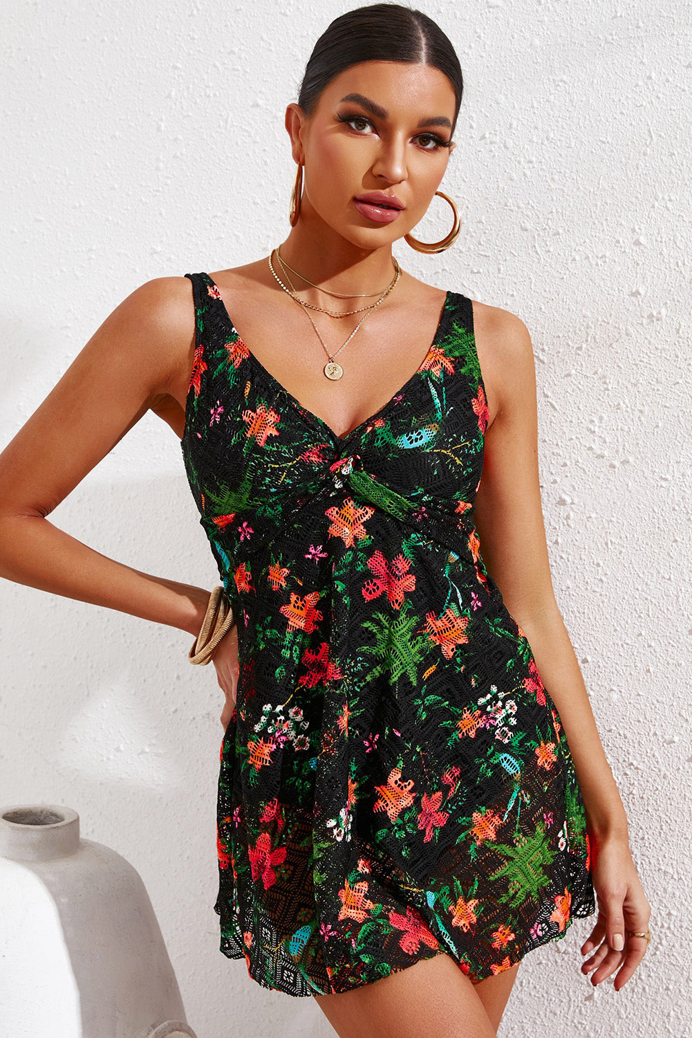 Twist Front Sleeveless Swim Dress