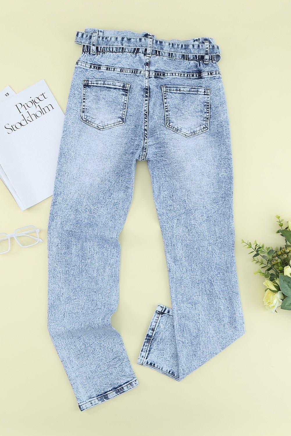 Acid Wash Belted Button Fly Distressed Jeans - Love culture store