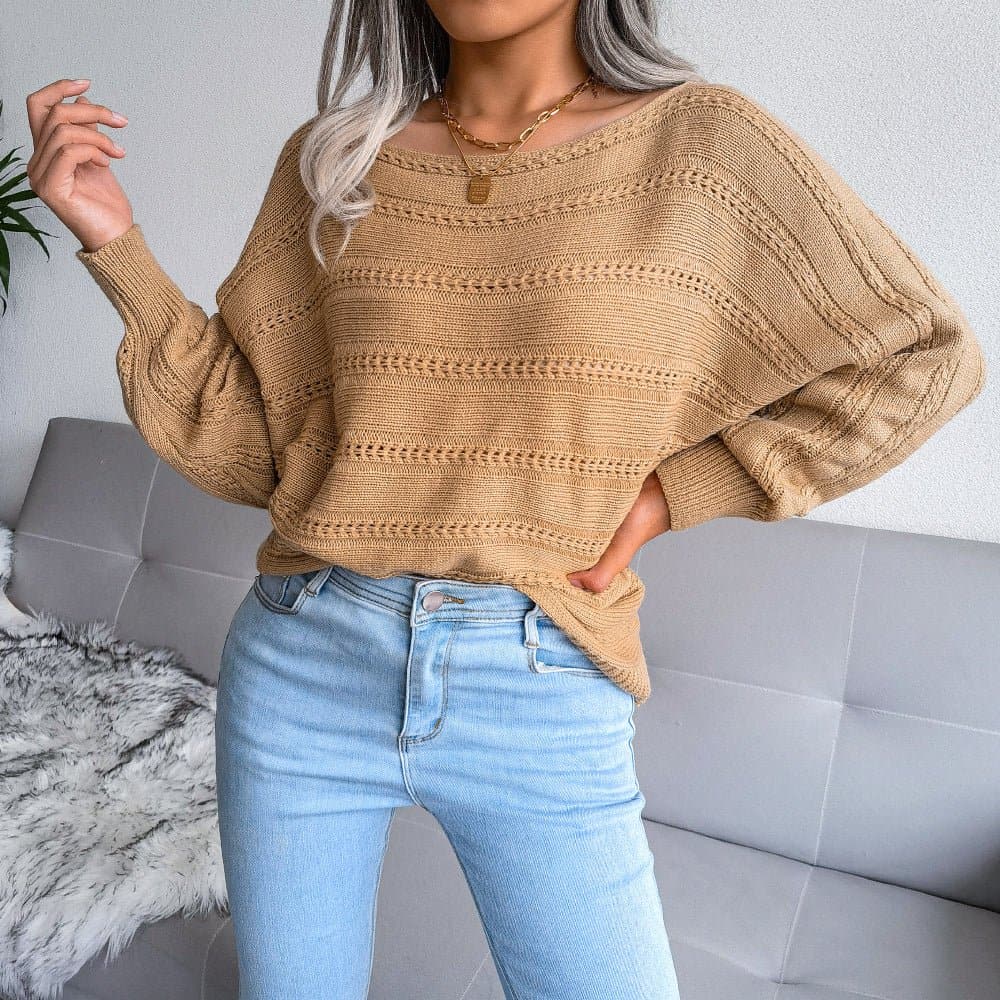Boat Neck Dolman Sleeve Ribbed Trim Sweater - Love culture store