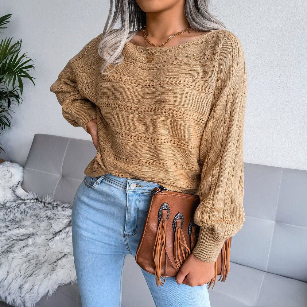 Boat Neck Dolman Sleeve Ribbed Trim Sweater - Love culture store