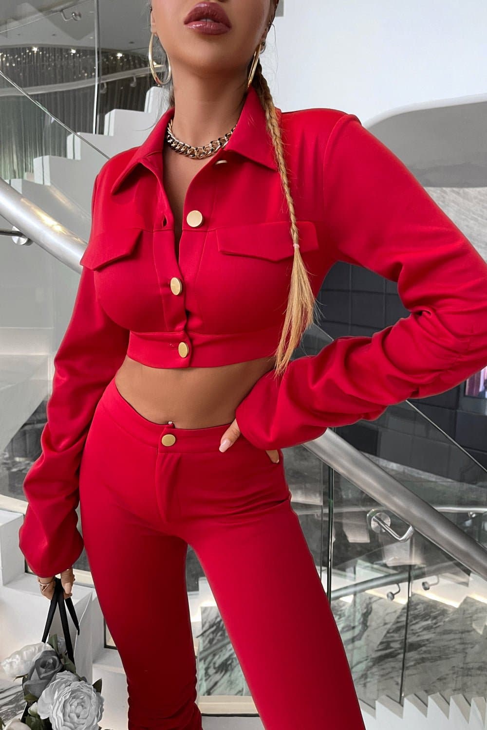 Button Down Cropped Jacket and Ruched Pants Set - Love culture store