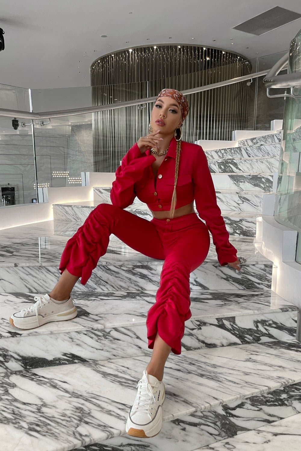 Button Down Cropped Jacket and Ruched Pants Set - Love culture store