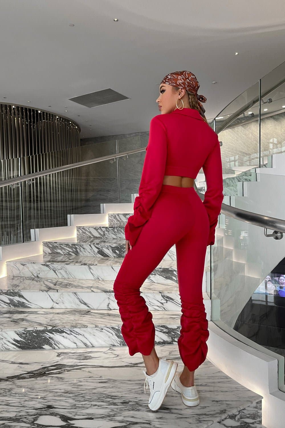 Button Down Cropped Jacket and Ruched Pants Set - Love culture store