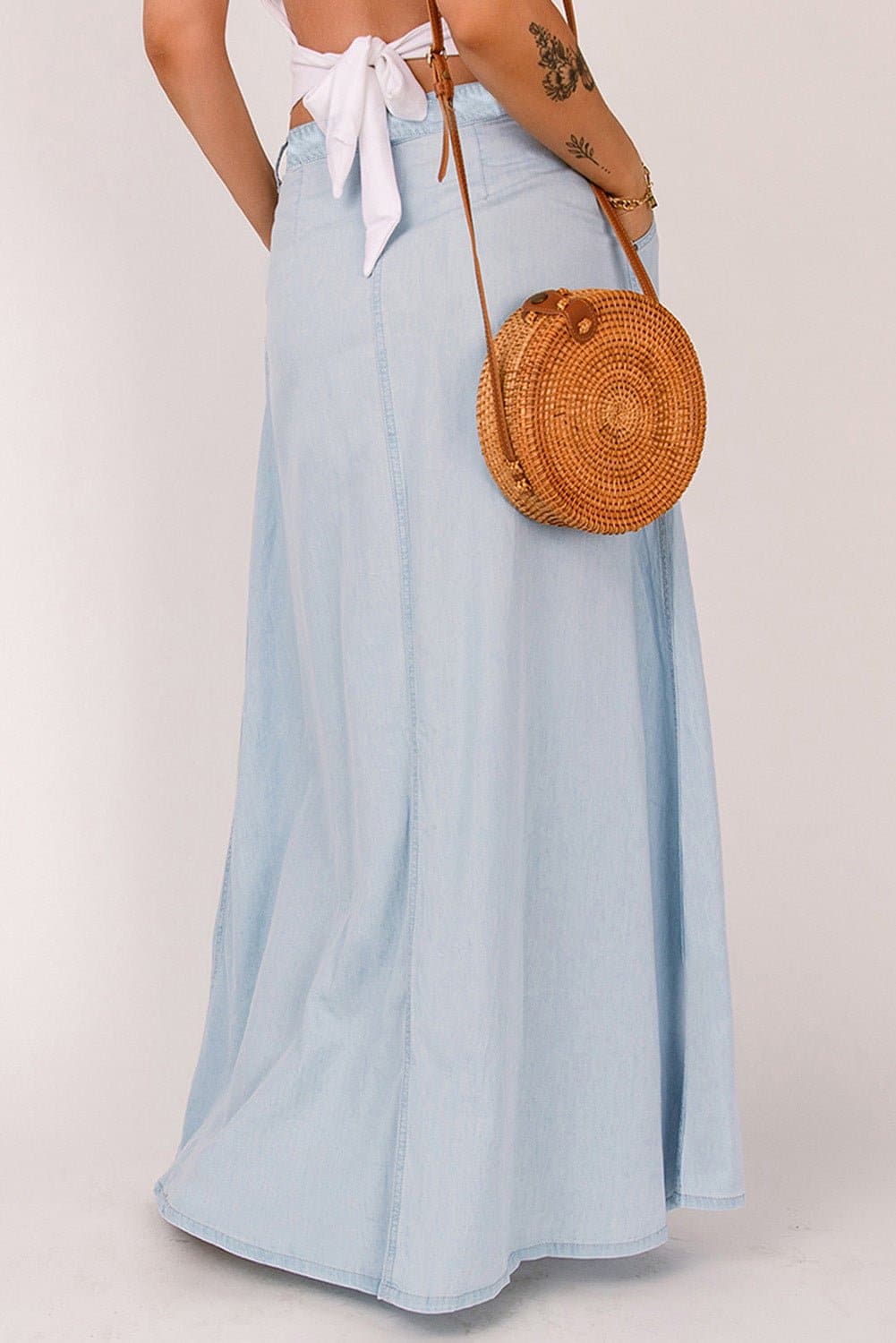 Button Front Denim Skirt with Pockets - Love culture store