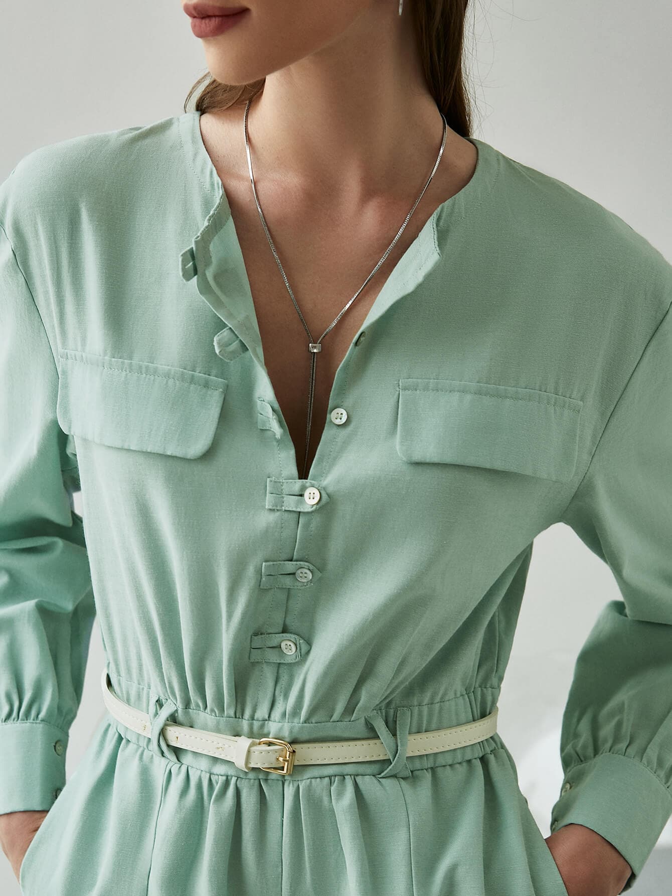 Buttoned Round Neck Romper with Pockets - Love culture store
