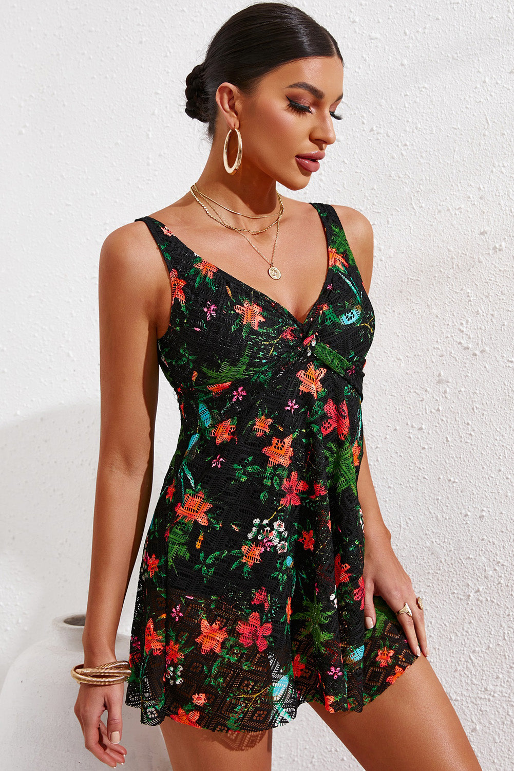 Twist Front Sleeveless Swim Dress