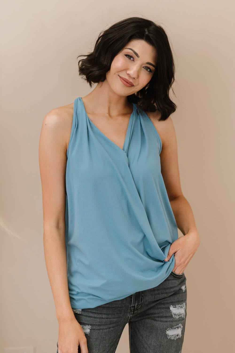 Cherished Time Full Size Surplice Top in Blue Grey - Love culture store