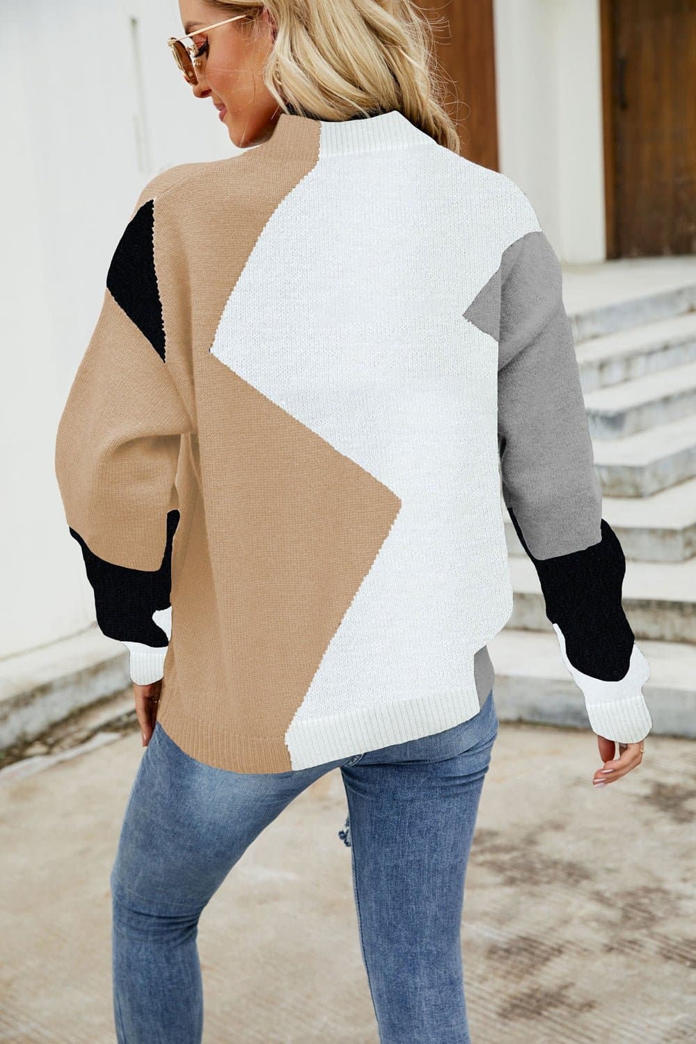 Color Block Mock Neck Ribbed Trim Sweater - Love culture store