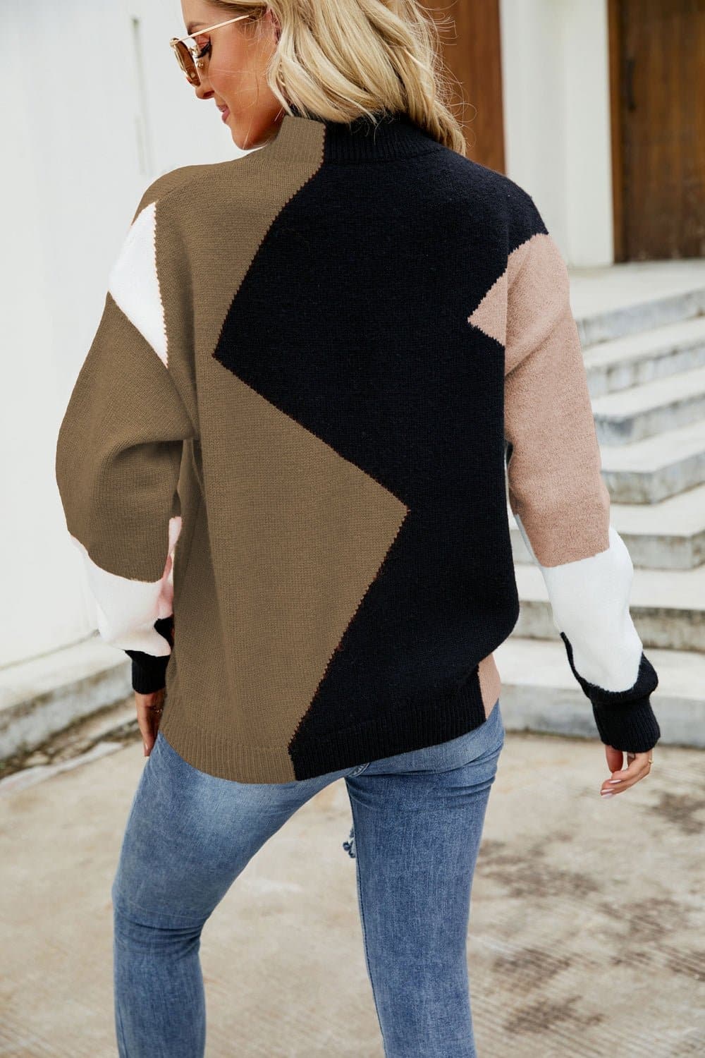 Color Block Mock Neck Ribbed Trim Sweater - Love culture store