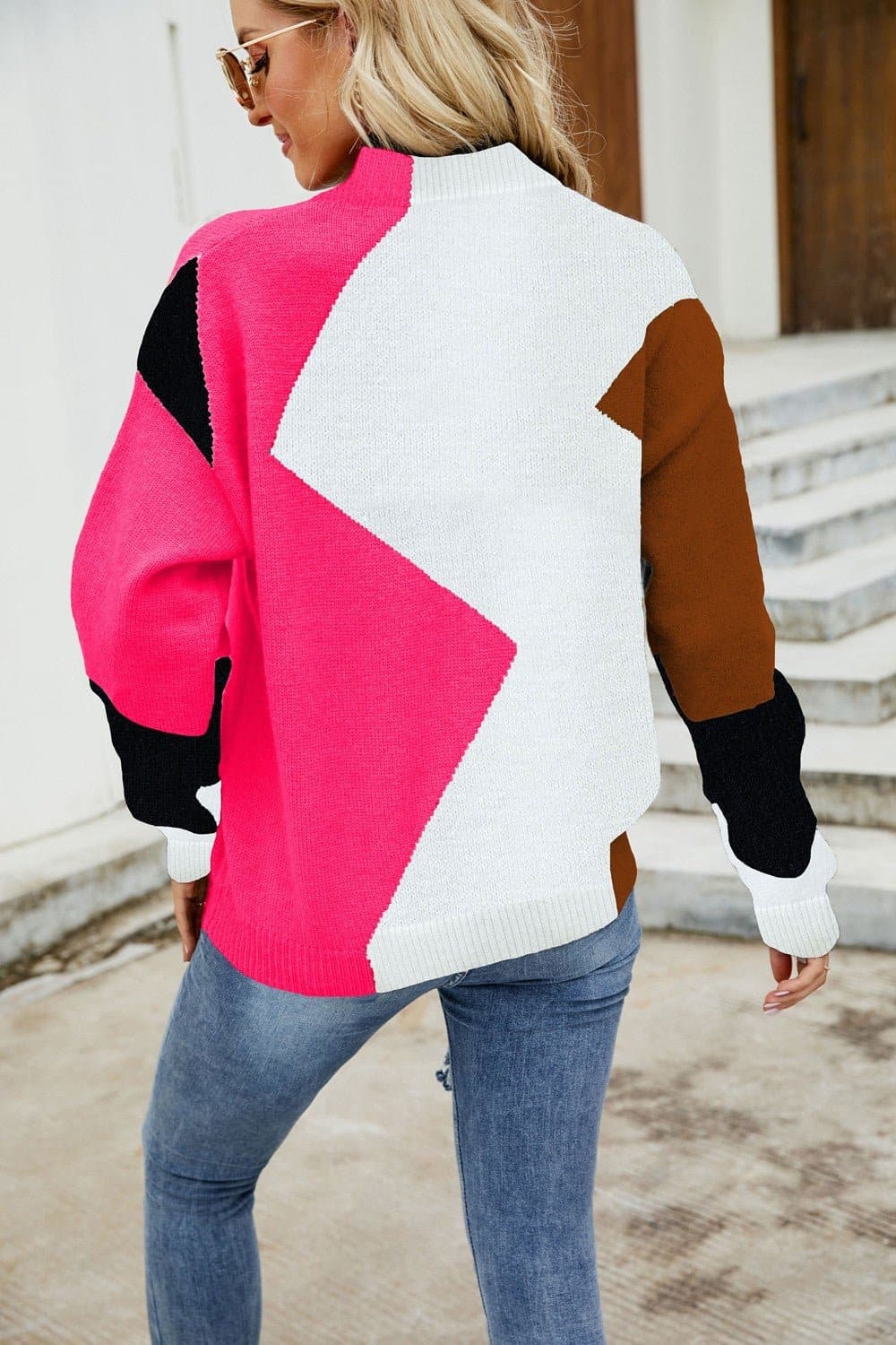 Color Block Mock Neck Ribbed Trim Sweater - Love culture store