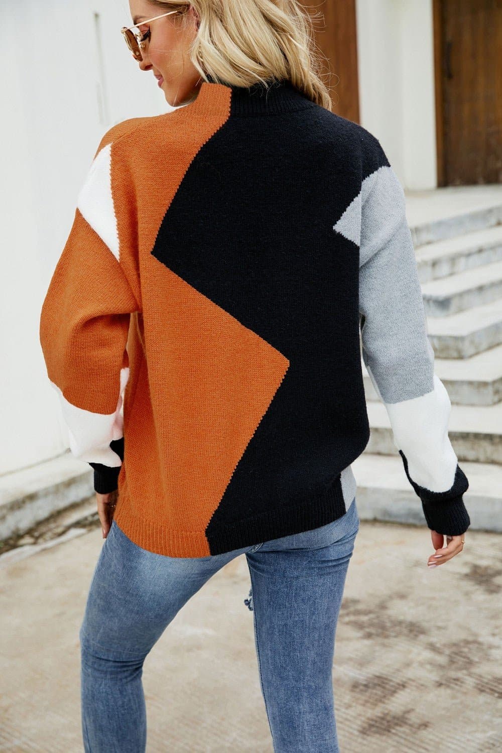 Color Block Mock Neck Ribbed Trim Sweater - Love culture store