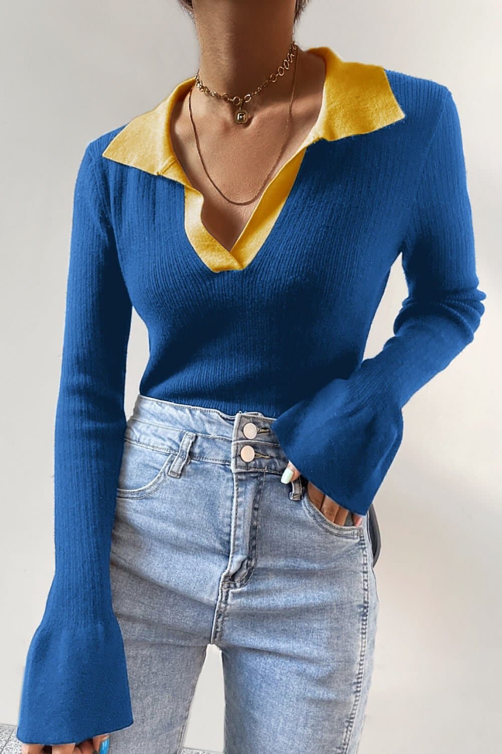 Contrast Johnny Collar Flare Sleeve Knit Top - Love culture store