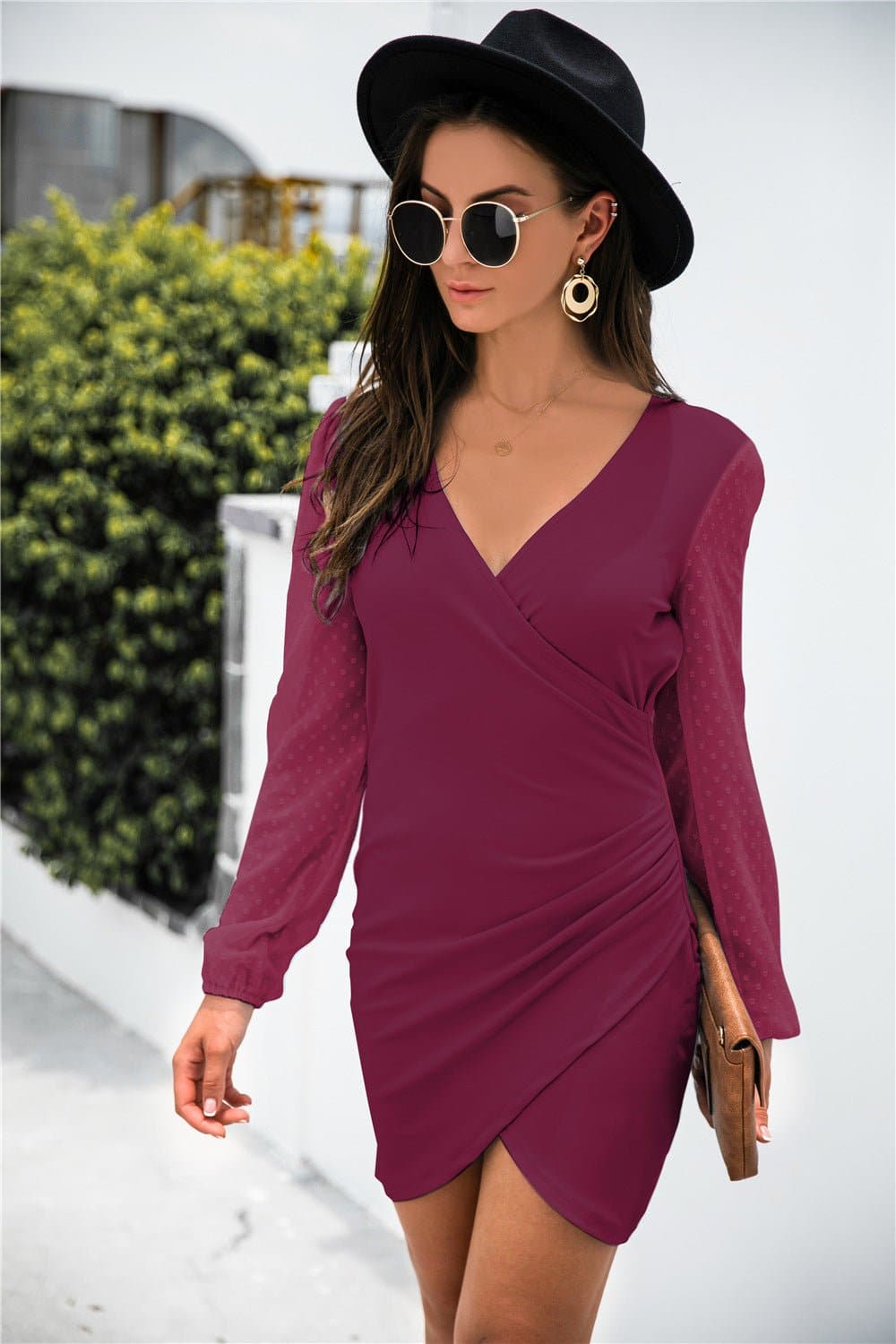 Contrast Mesh Sleeve Wrap Front Dress - Love culture store