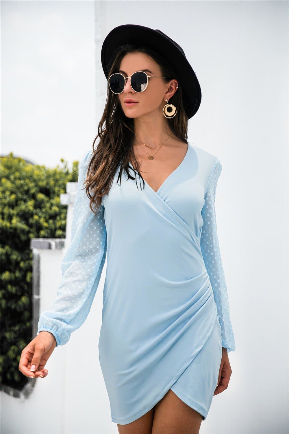Contrast Mesh Sleeve Wrap Front Dress - Love culture store