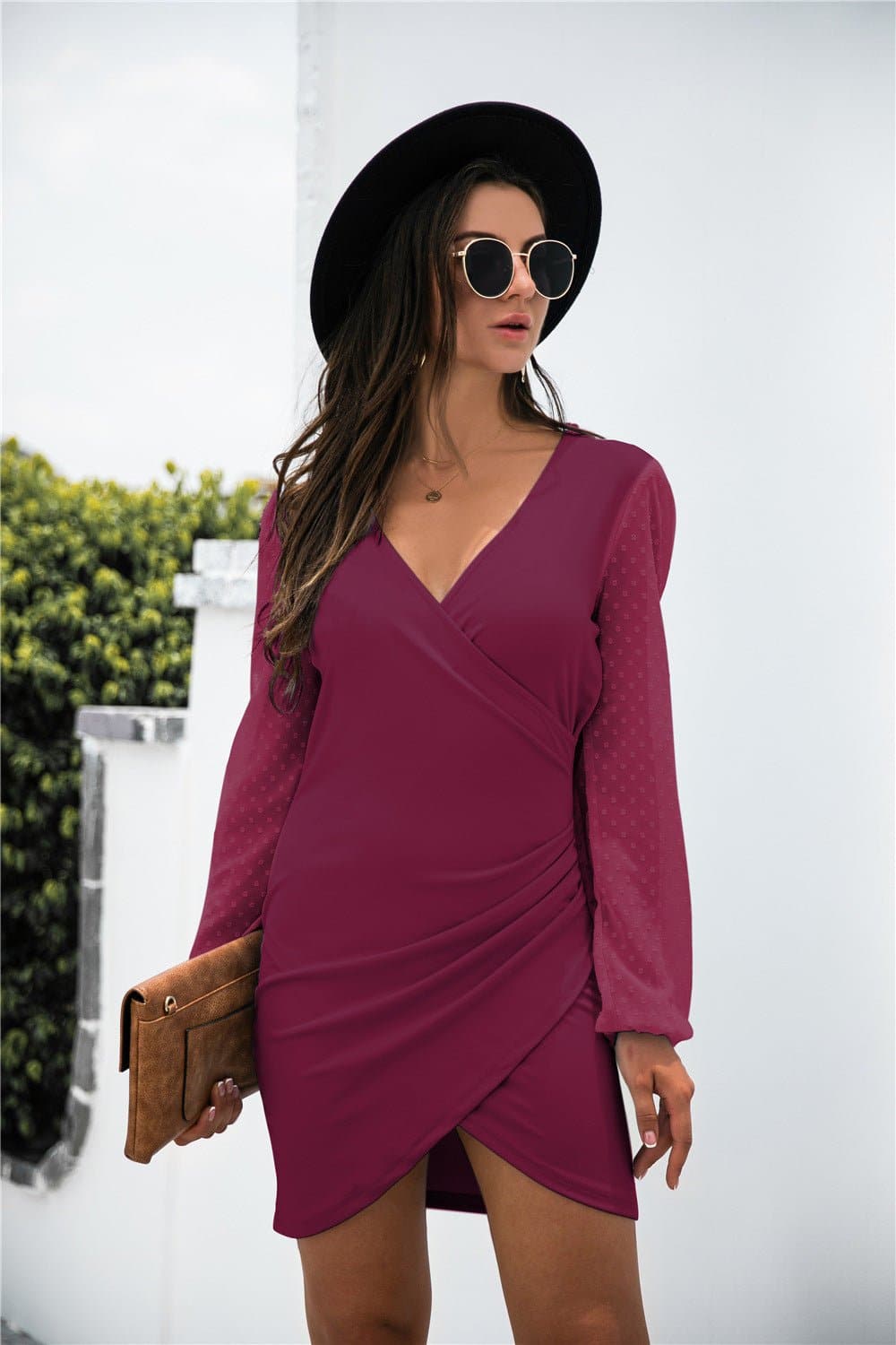 Contrast Mesh Sleeve Wrap Front Dress - Love culture store