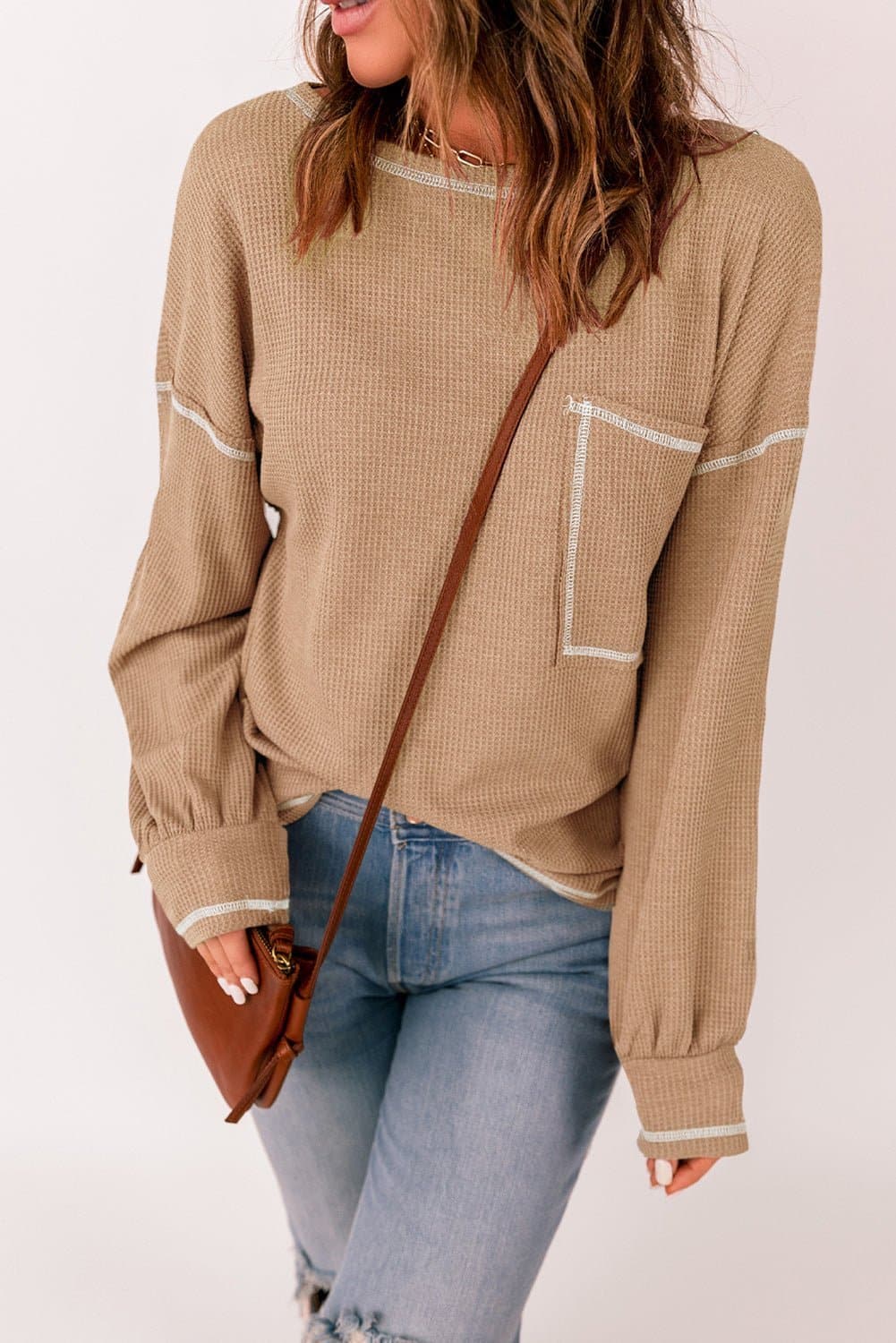 Contrast Stitching Waffle Knit Top - Love culture store