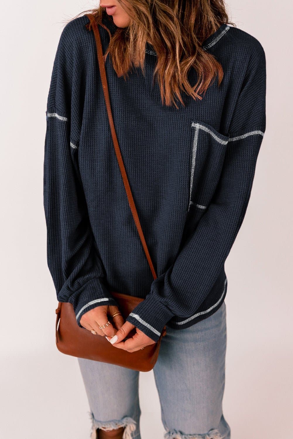 Contrast Stitching Waffle Knit Top - Love culture store