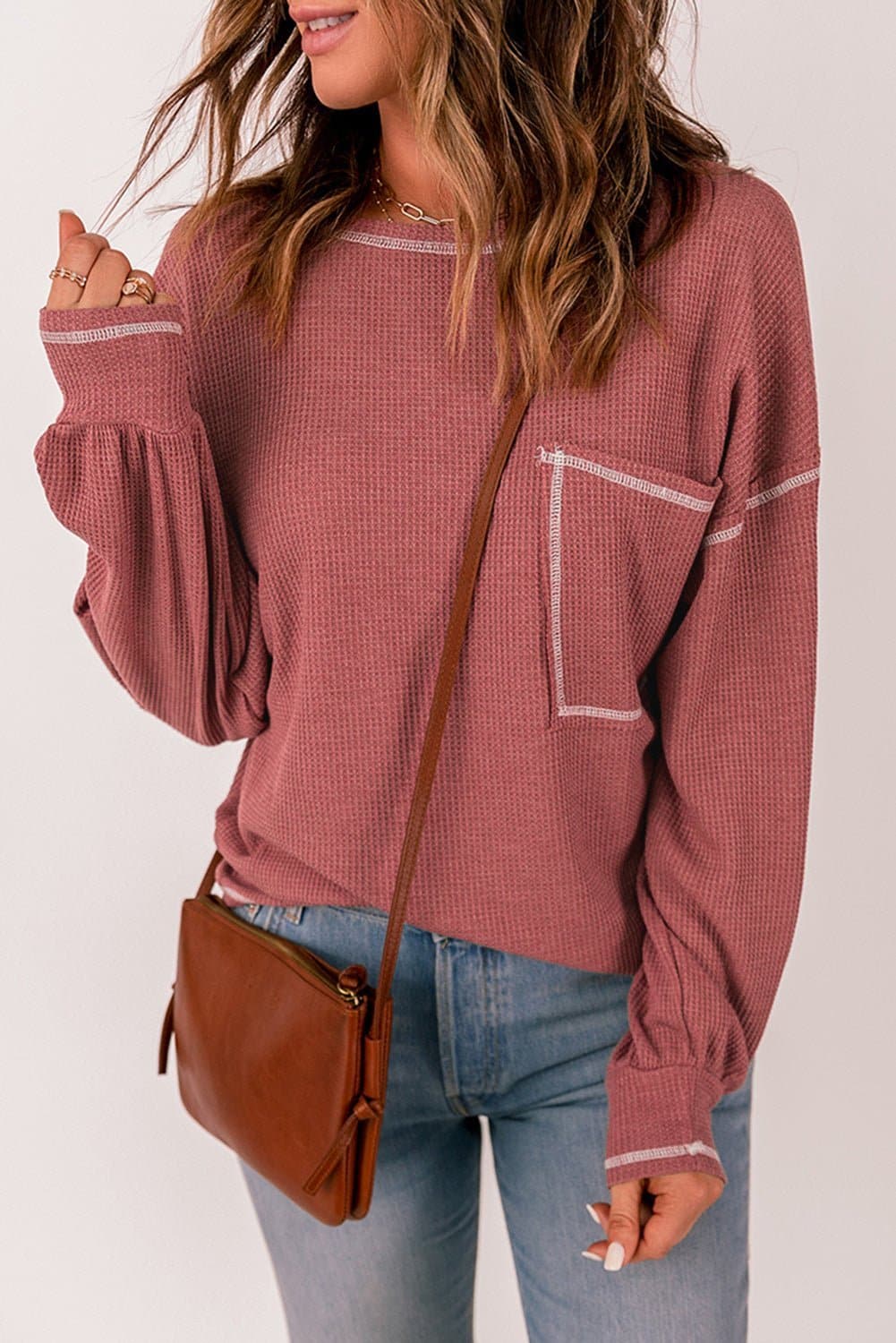 Contrast Stitching Waffle Knit Top - Love culture store