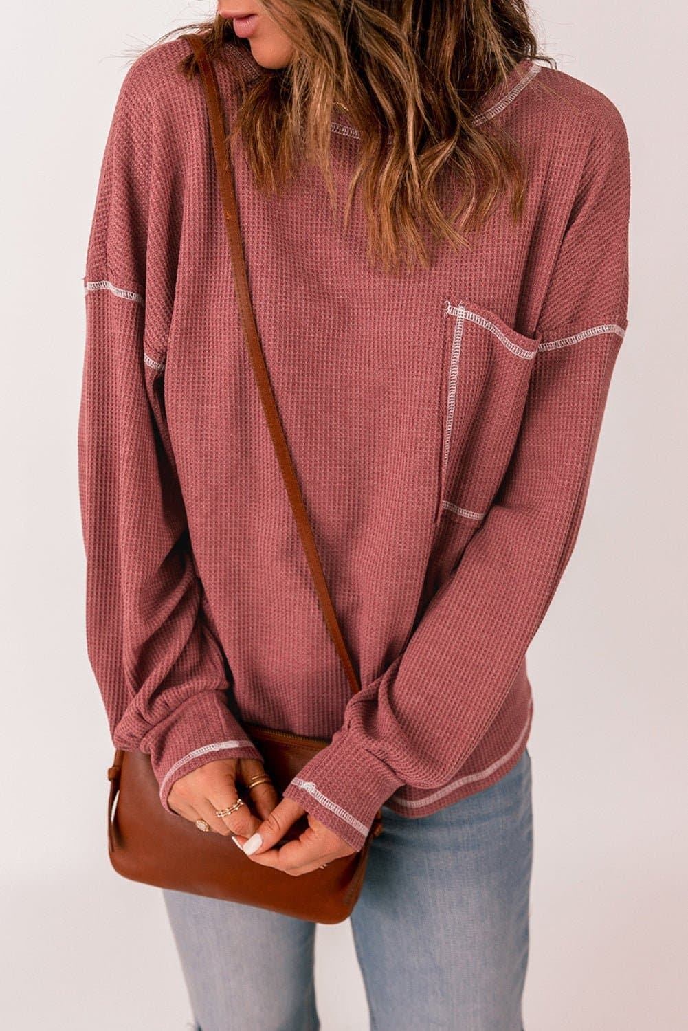 Contrast Stitching Waffle Knit Top - Love culture store