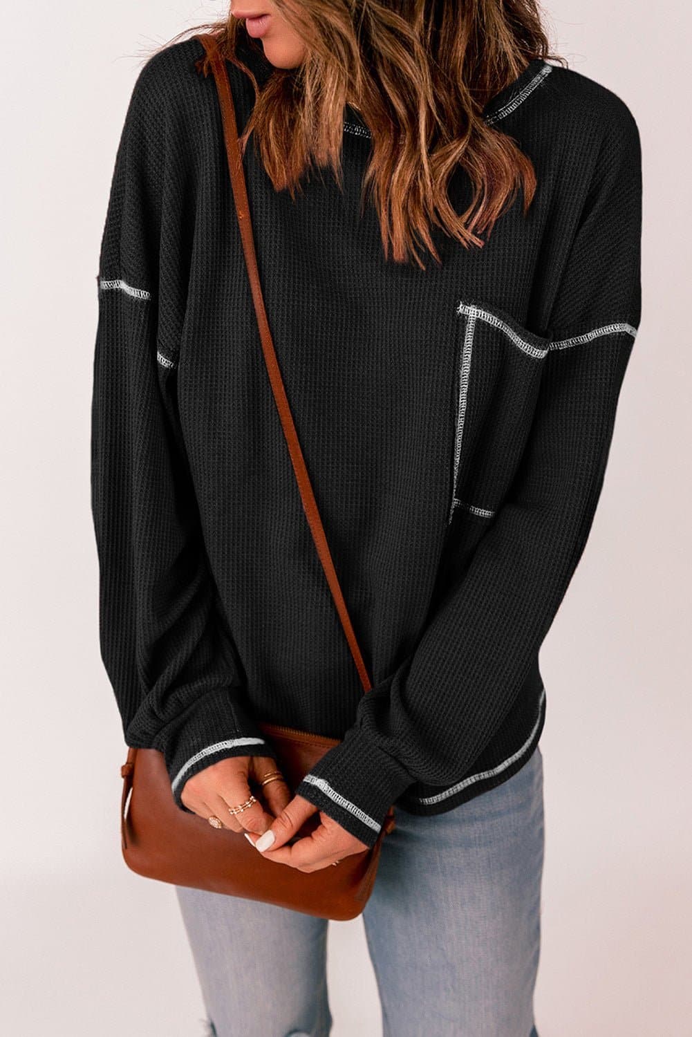 Contrast Stitching Waffle Knit Top - Love culture store