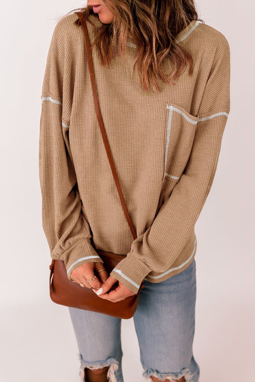 Contrast Stitching Waffle Knit Top - Love culture store