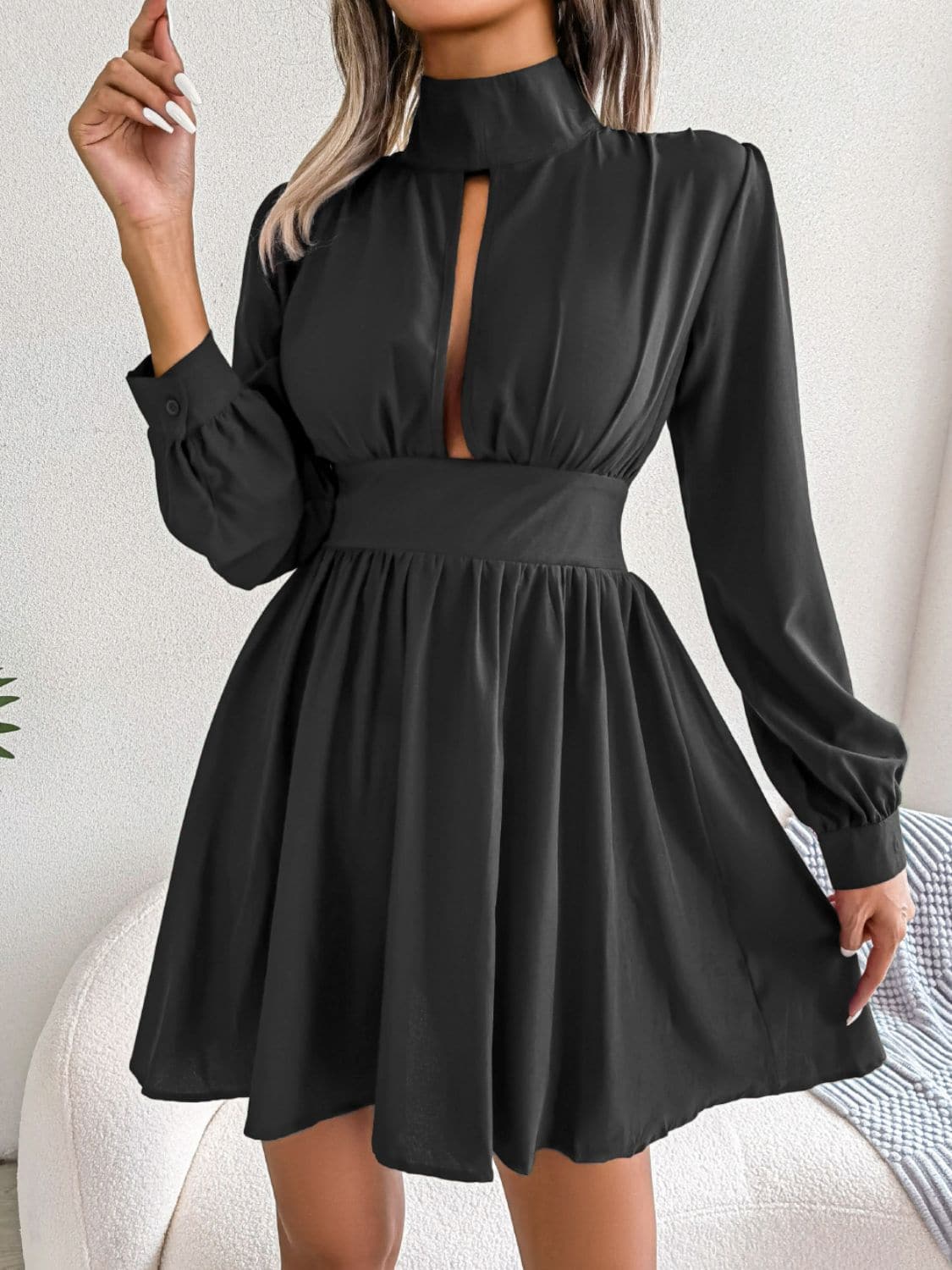 Cutout Turtleneck A-Line Mini Dress - Love culture store