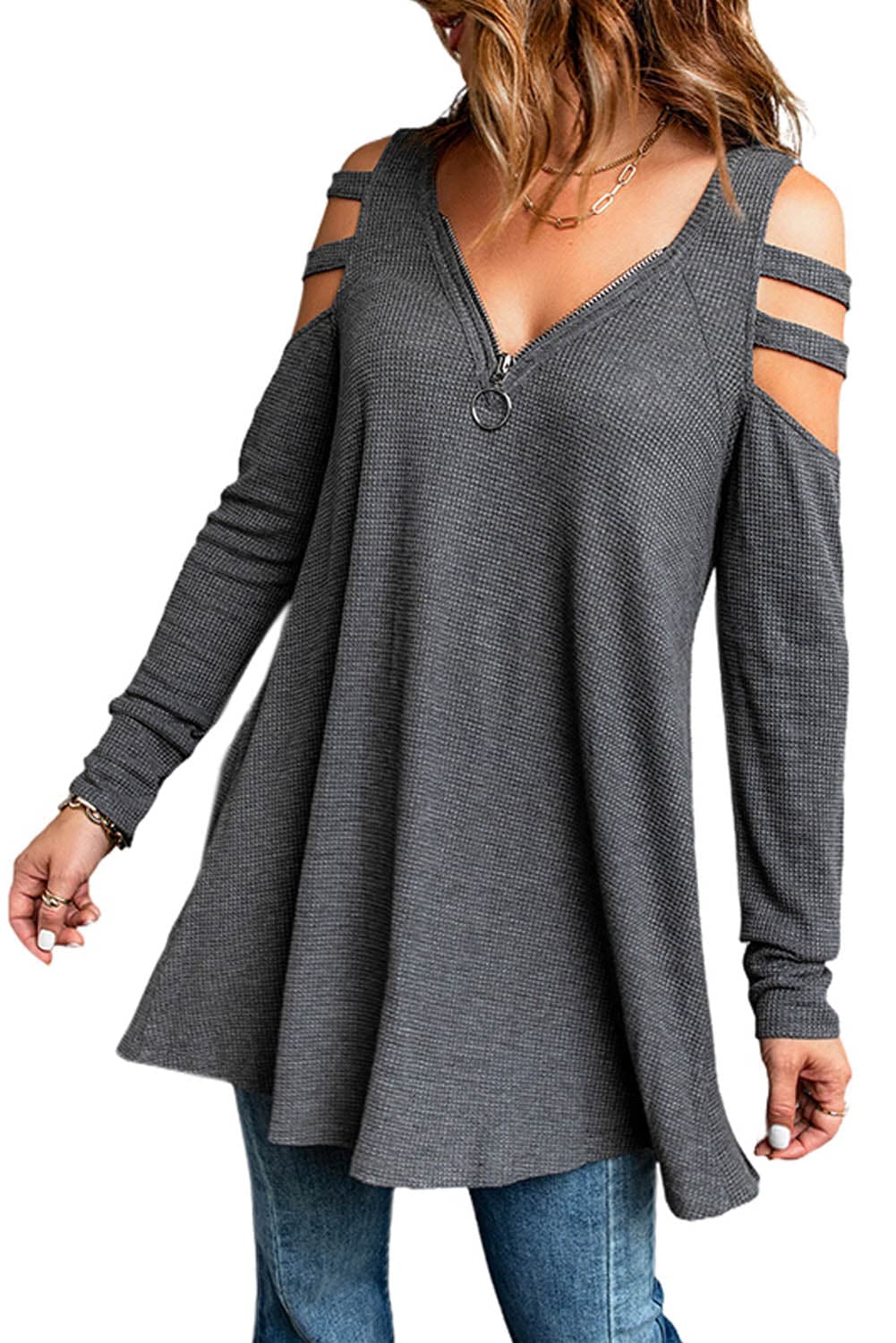 Cutout Waffle Knit Tunic Top - Love culture store