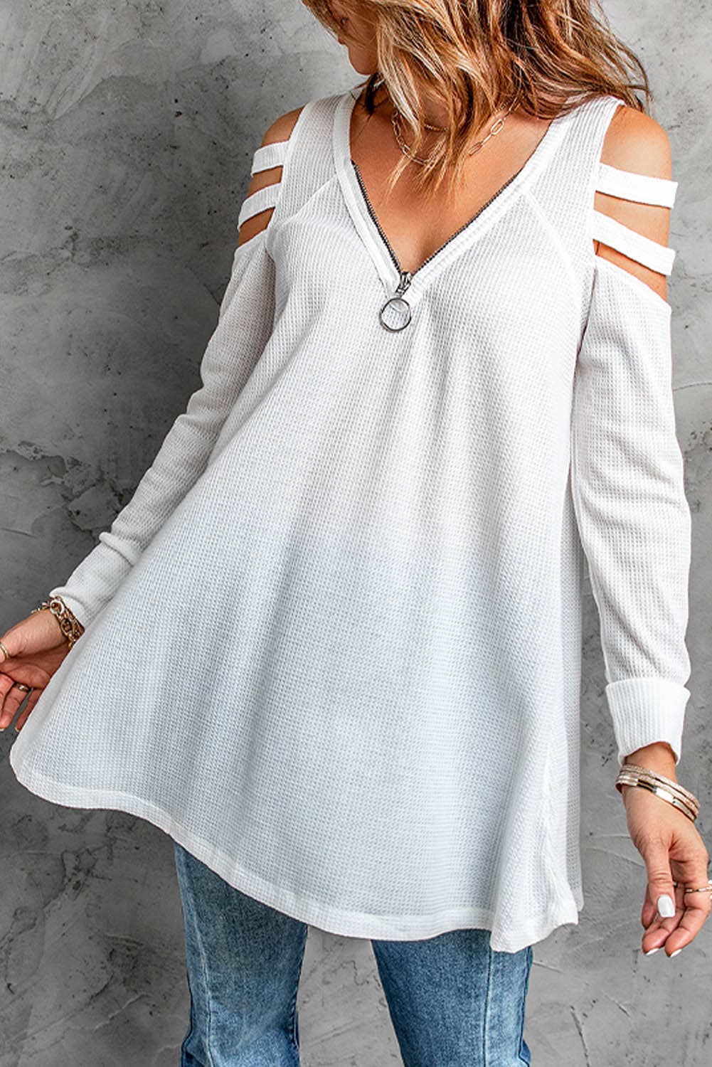 Cutout Waffle Knit Tunic Top - Love culture store