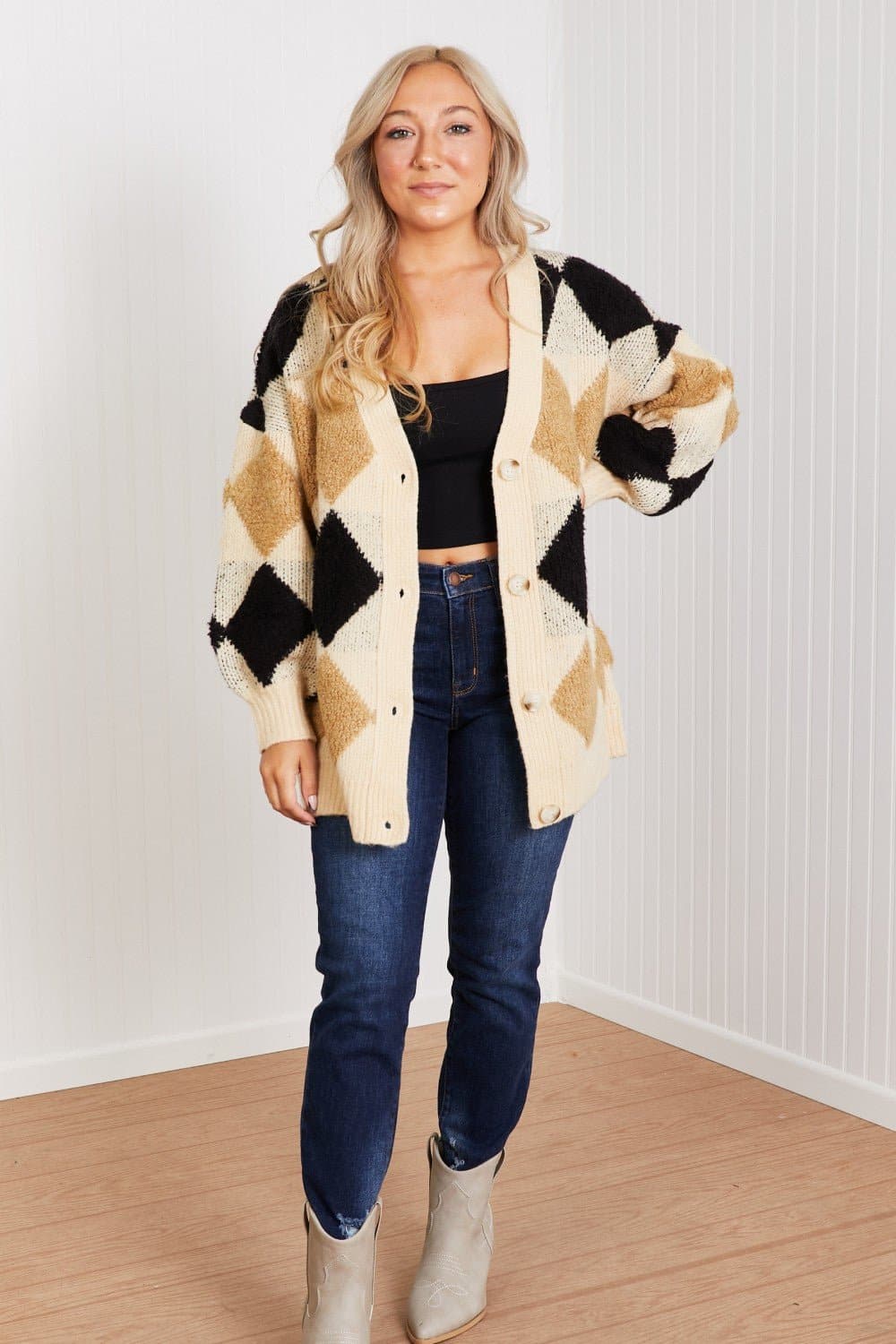 CY Fashion Know-It-All Full Size Argyle Longline Cardigan - Love culture store
