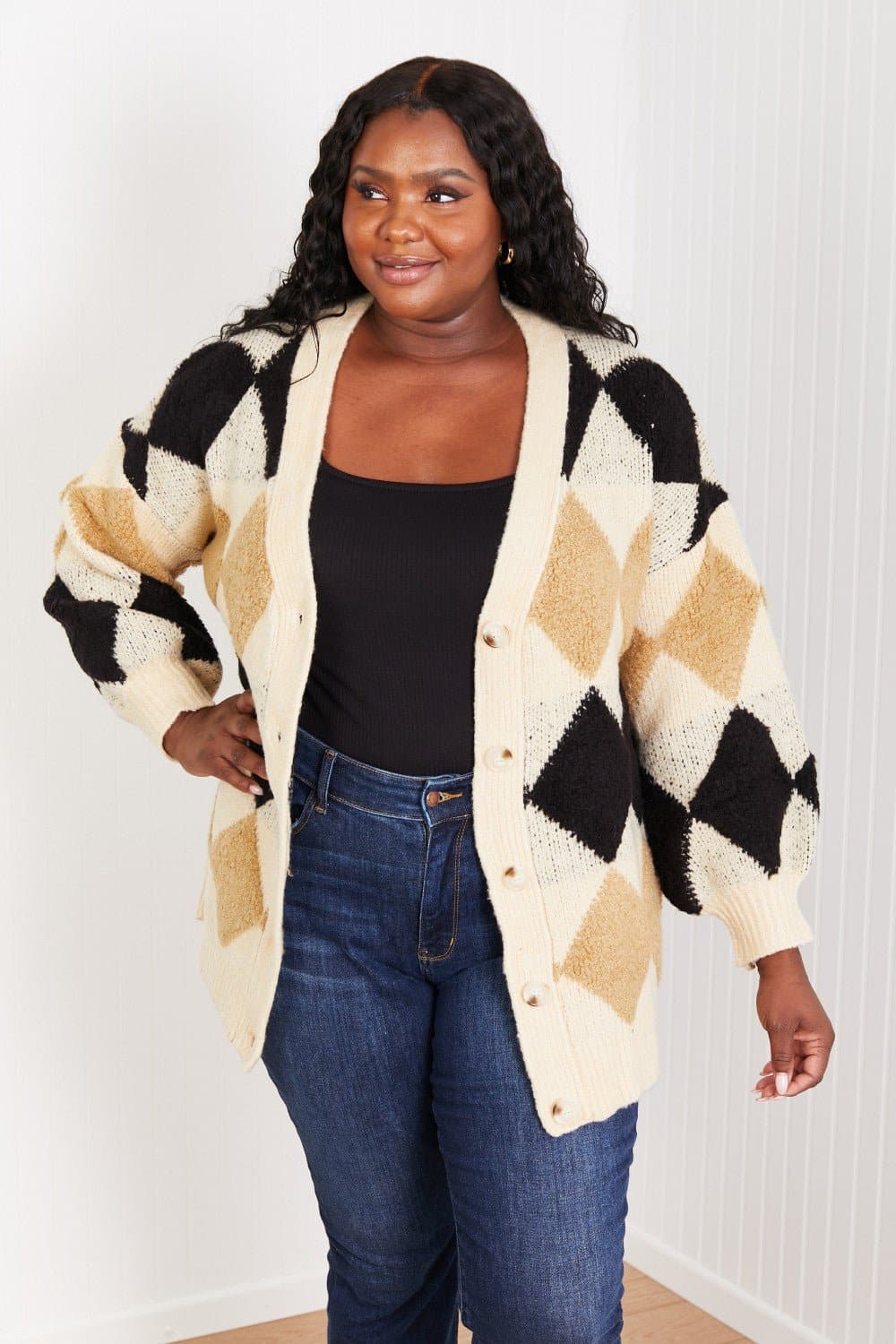 CY Fashion Know-It-All Full Size Argyle Longline Cardigan - Love culture store