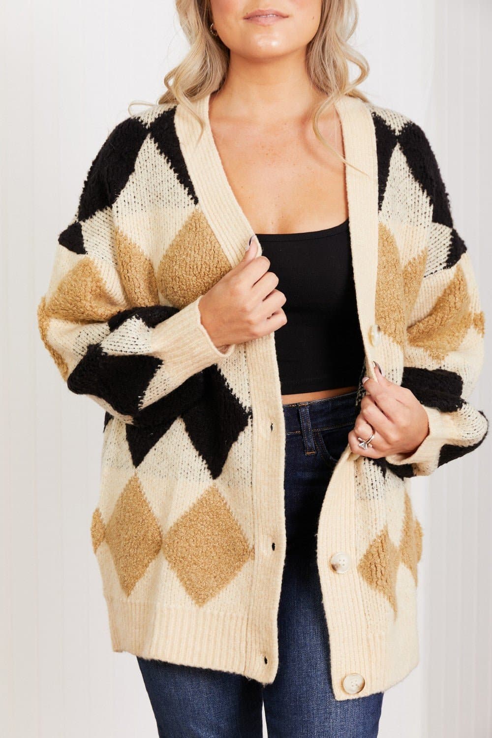 CY Fashion Know-It-All Full Size Argyle Longline Cardigan - Love culture store