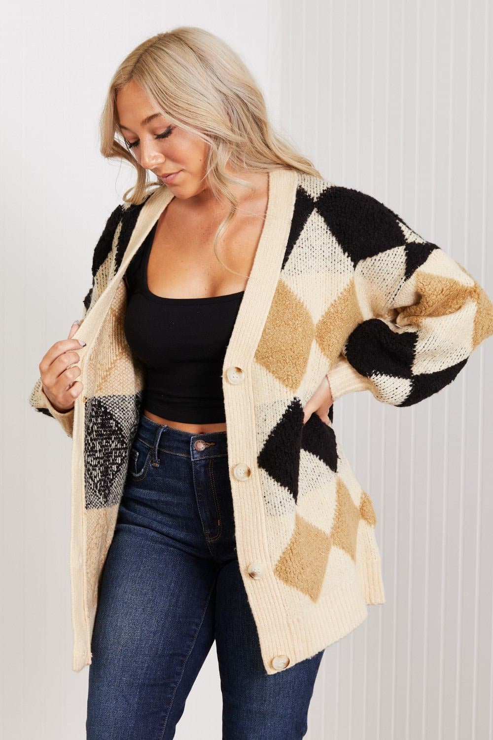 CY Fashion Know-It-All Full Size Argyle Longline Cardigan - Love culture store