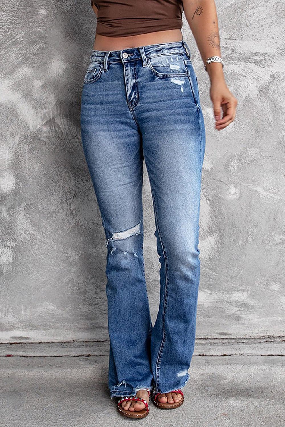 Distressed Flared Jeans with Pockets - Love culture store