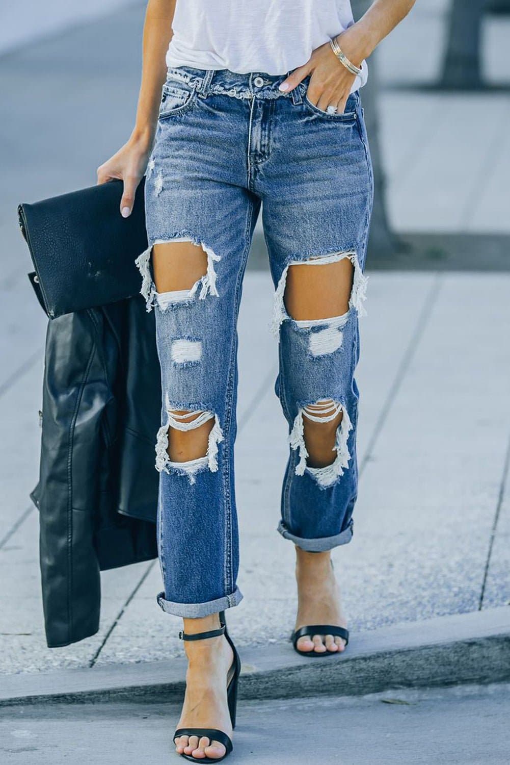 Distressed Frayed Trim Straight Leg Jeans - Love culture store