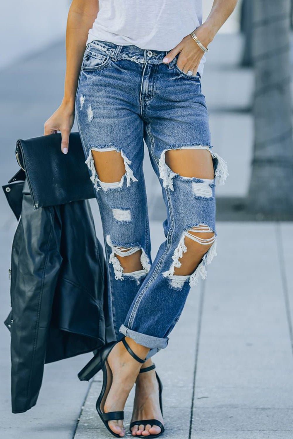 Distressed Frayed Trim Straight Leg Jeans - Love culture store