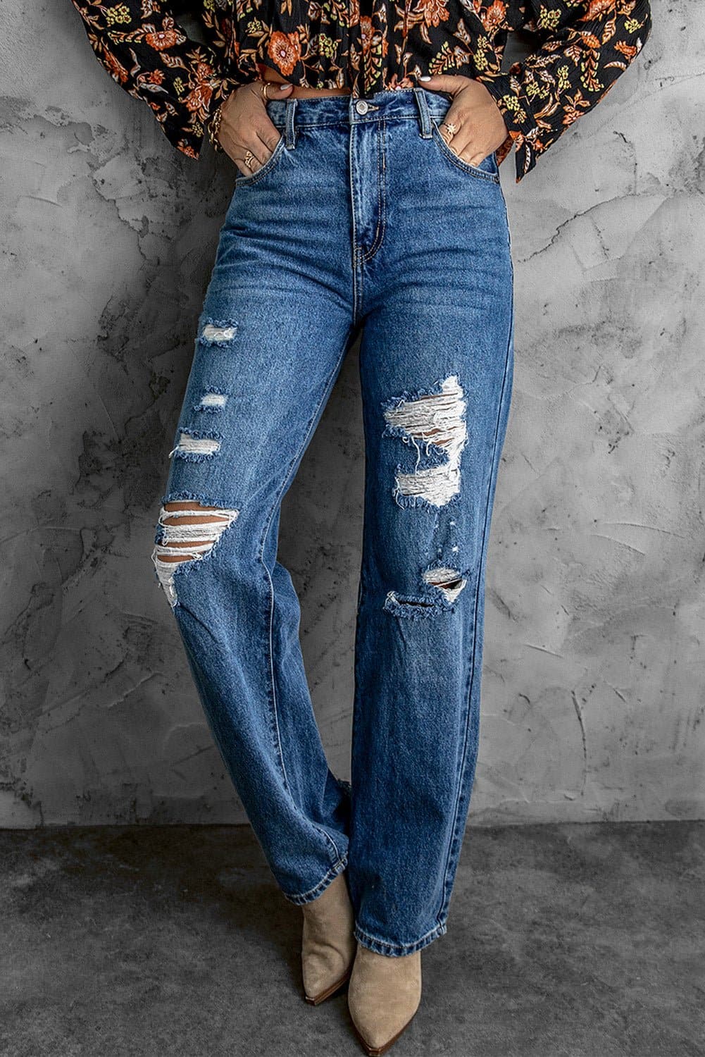 Distressed High Waist Jeans with Pockets - Love culture store