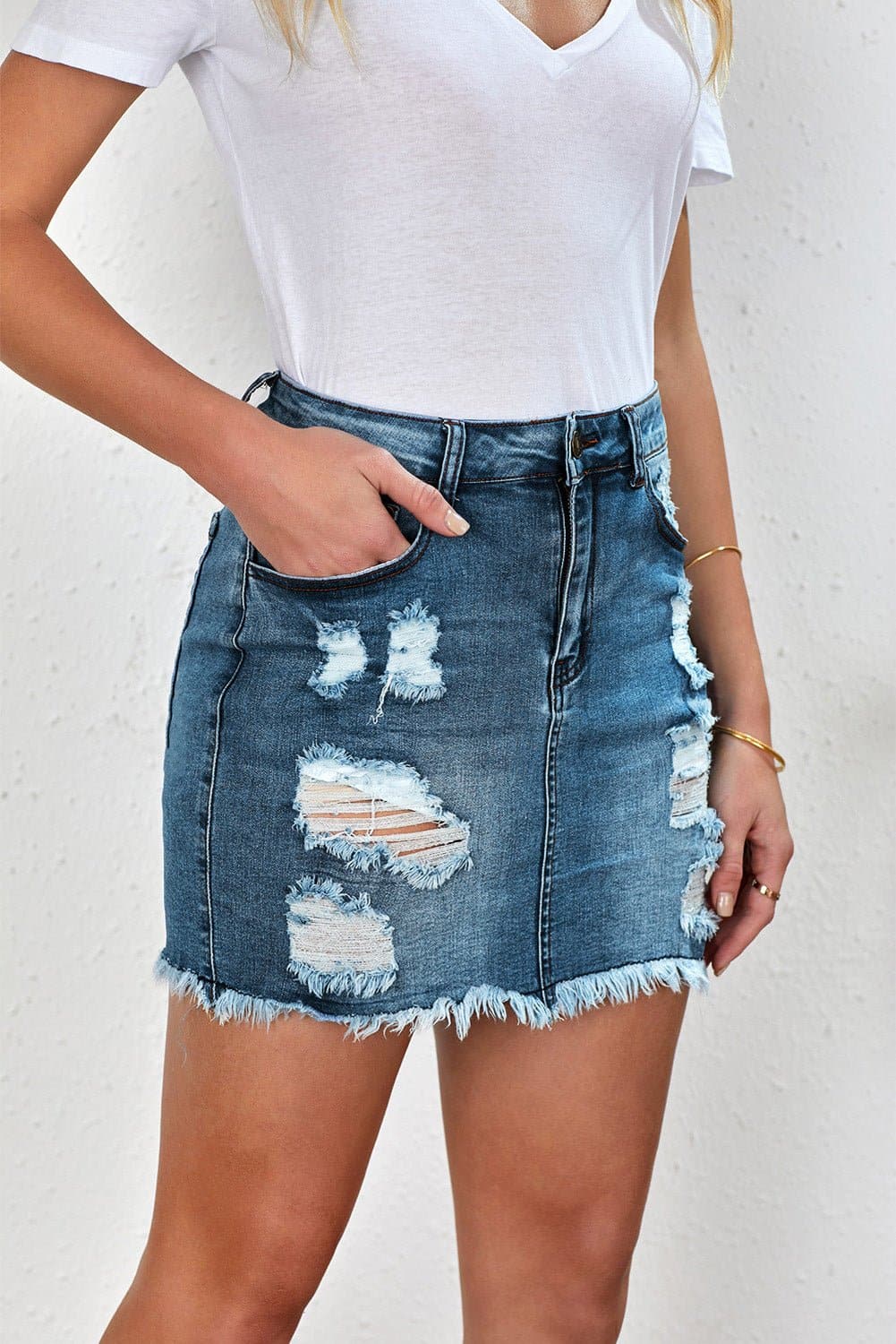 Distressed Raw Hem Denim Mini Skirt - Love culture store