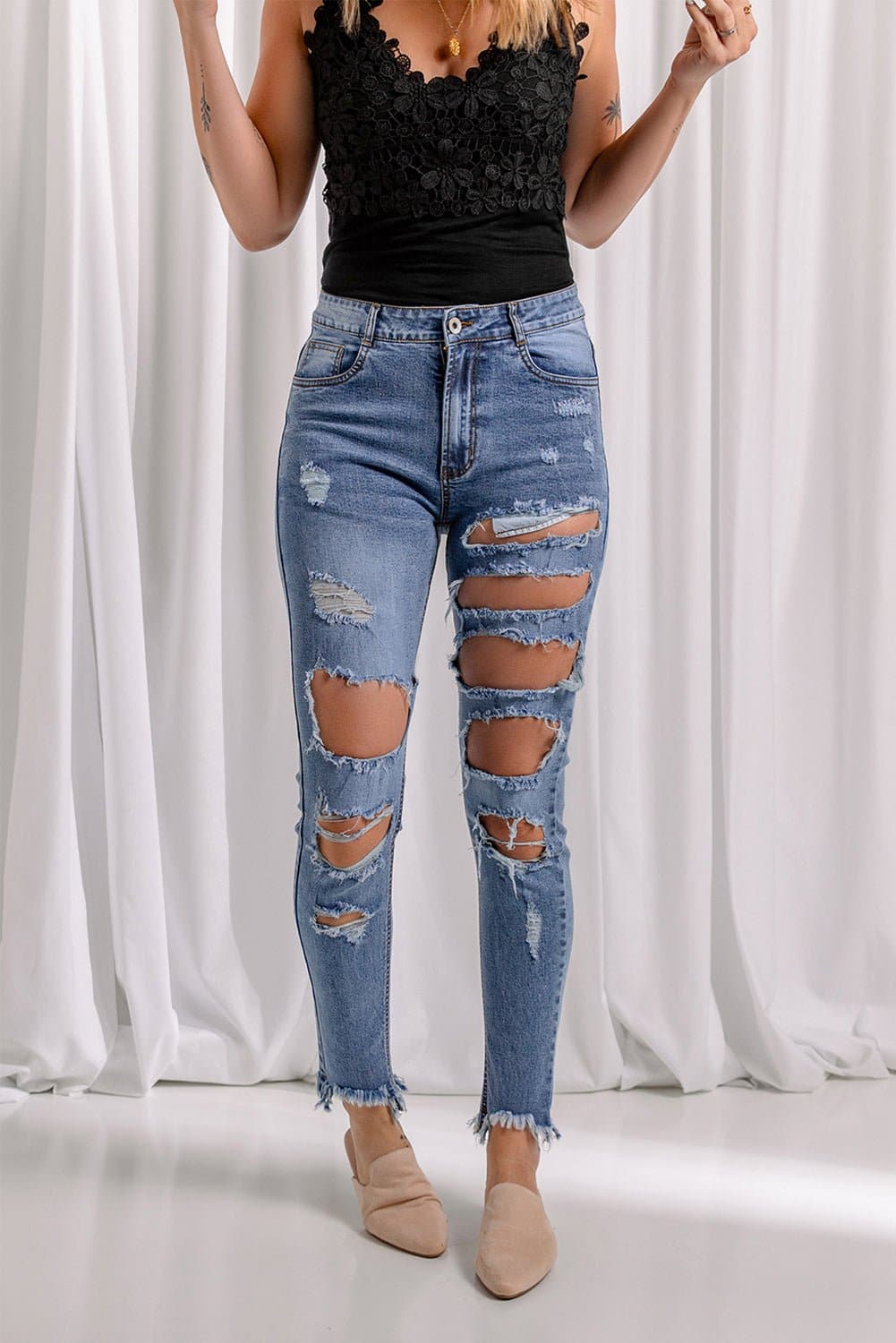 Distressed Raw Hem Skinny Jeans - Love culture store