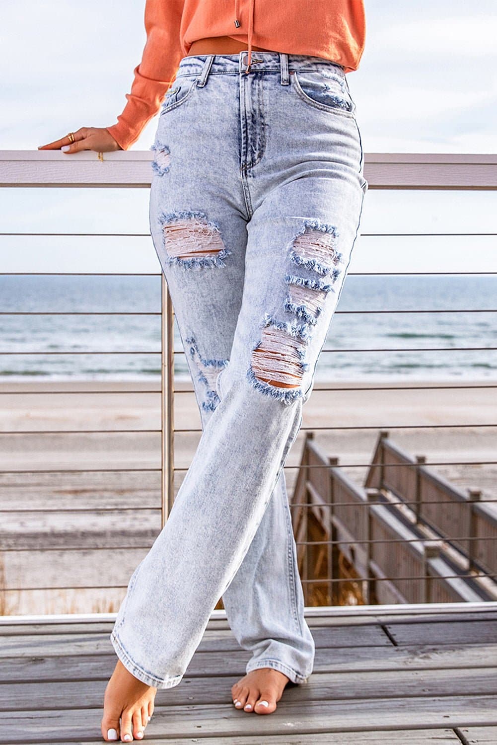 Distressed Straight Leg Jeans with Pockets - Love culture store