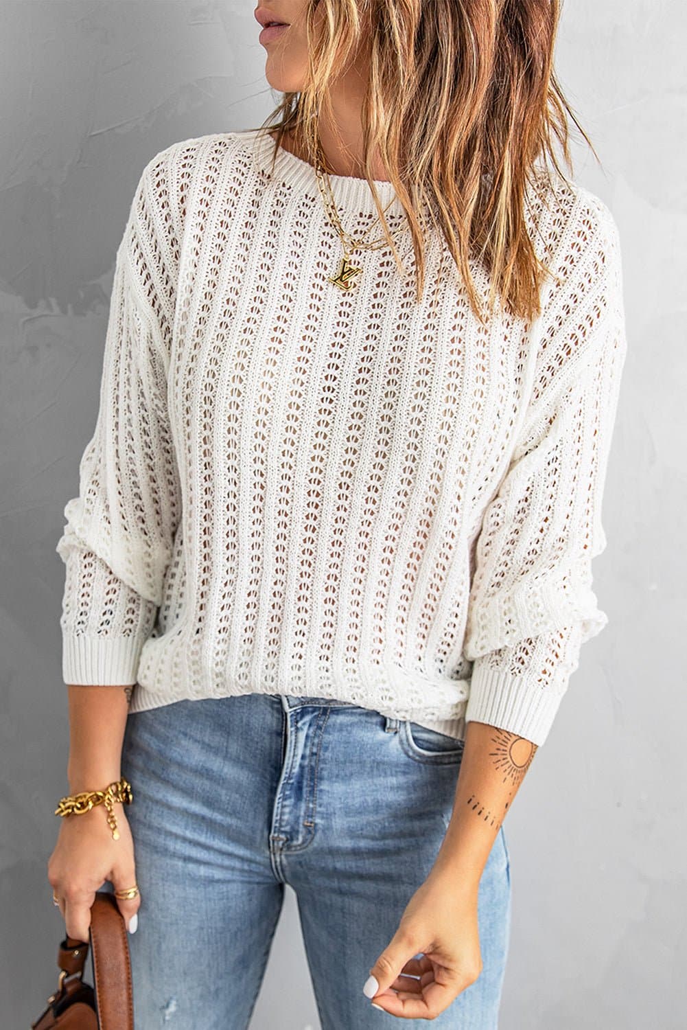 Dropped Shoulder Openwork Sweater - Love culture store