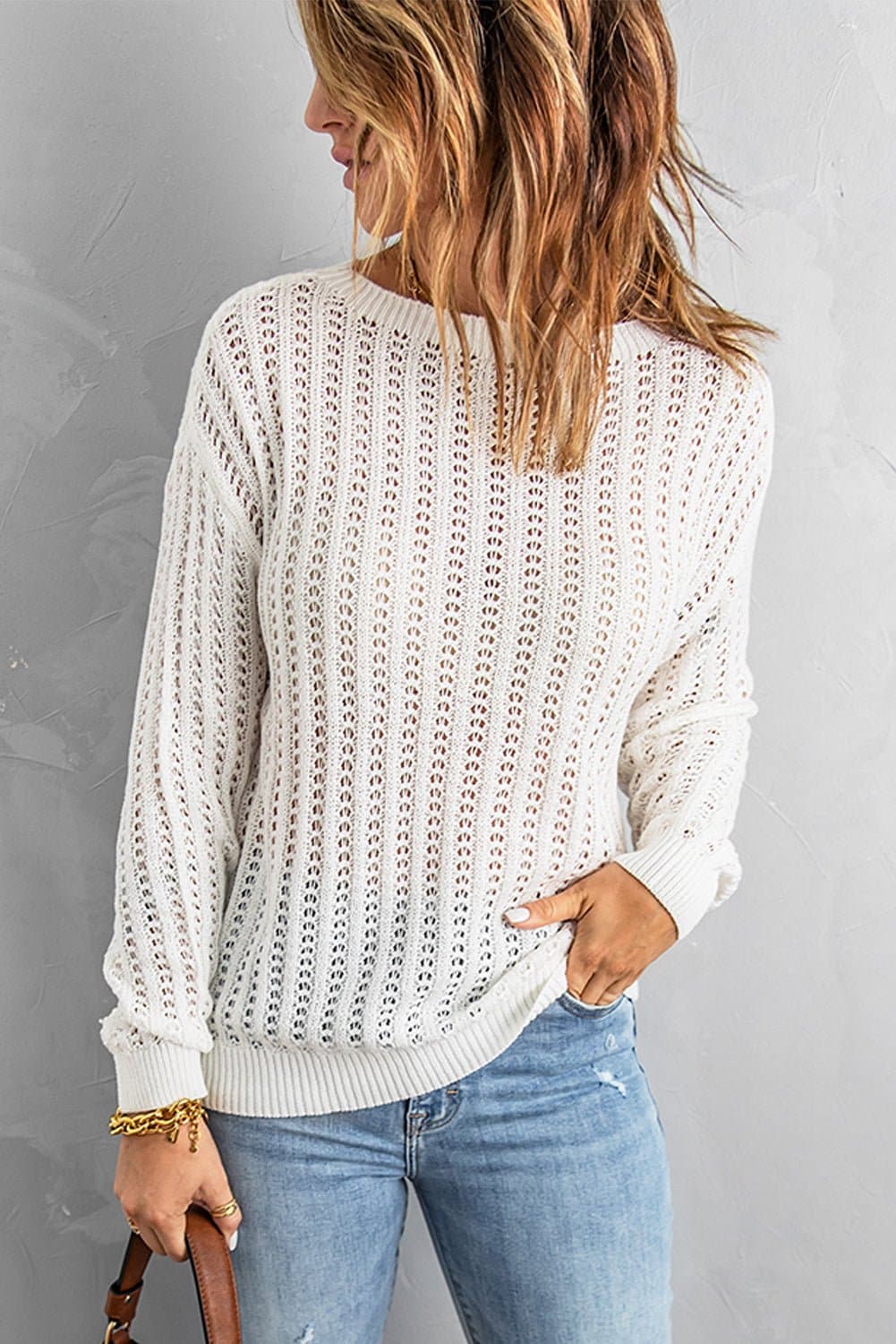 Dropped Shoulder Openwork Sweater - Love culture store