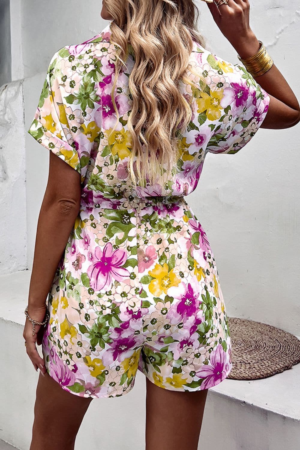 Floral Drawstring Lapel Collar Romper with Pockets - Love culture store
