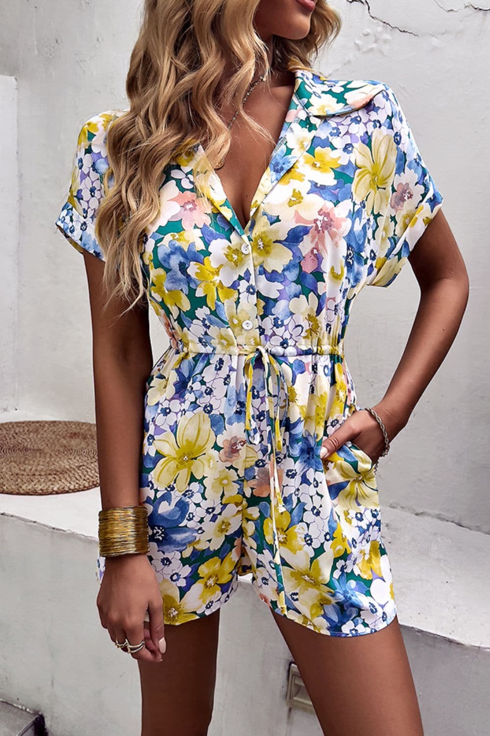 Floral Drawstring Lapel Collar Romper with Pockets - Love culture store