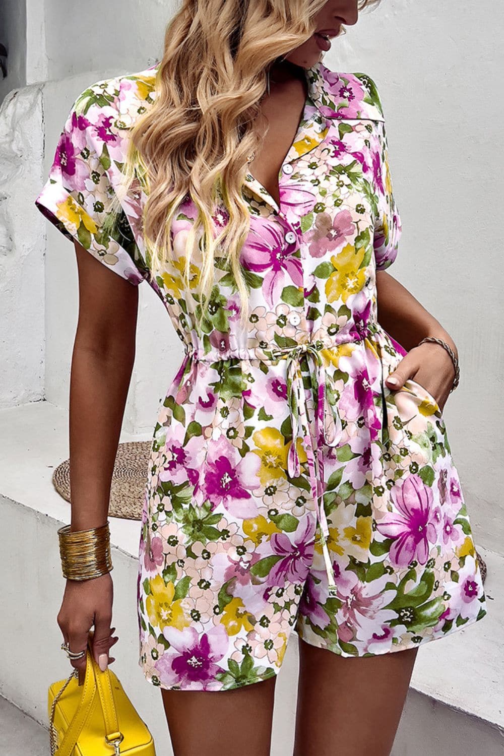 Floral Drawstring Lapel Collar Romper with Pockets - Love culture store