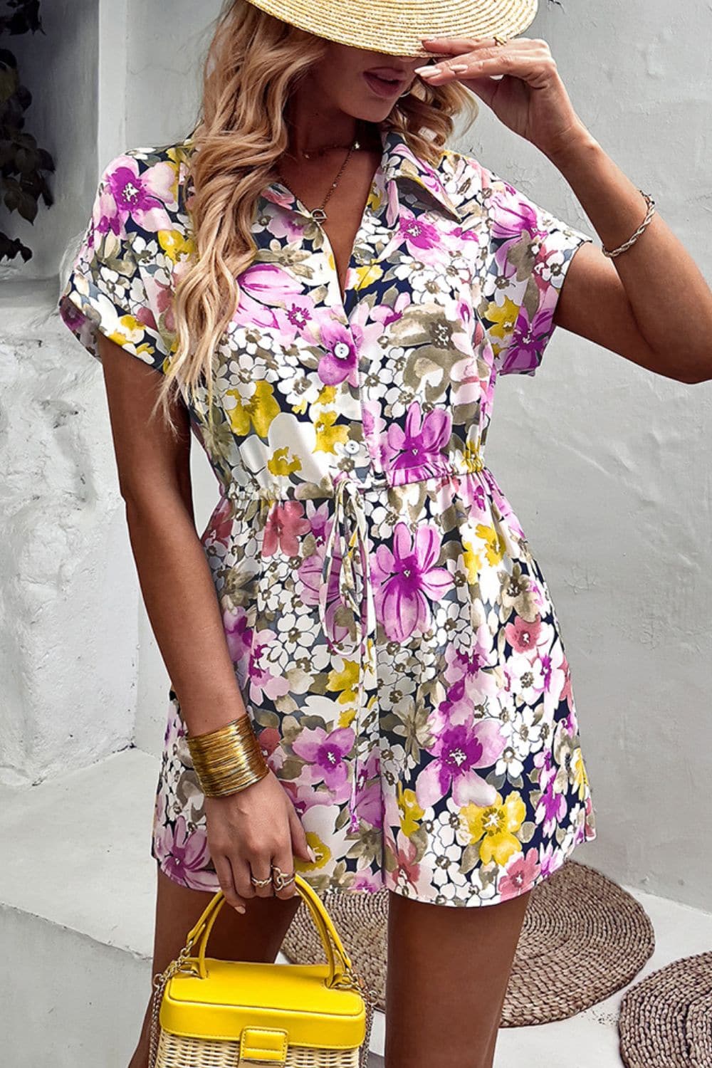 Floral Drawstring Lapel Collar Romper with Pockets - Love culture store