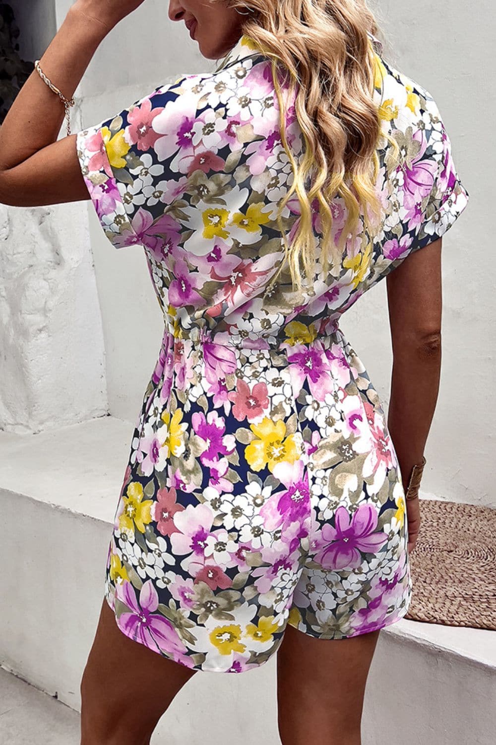 Floral Drawstring Lapel Collar Romper with Pockets - Love culture store