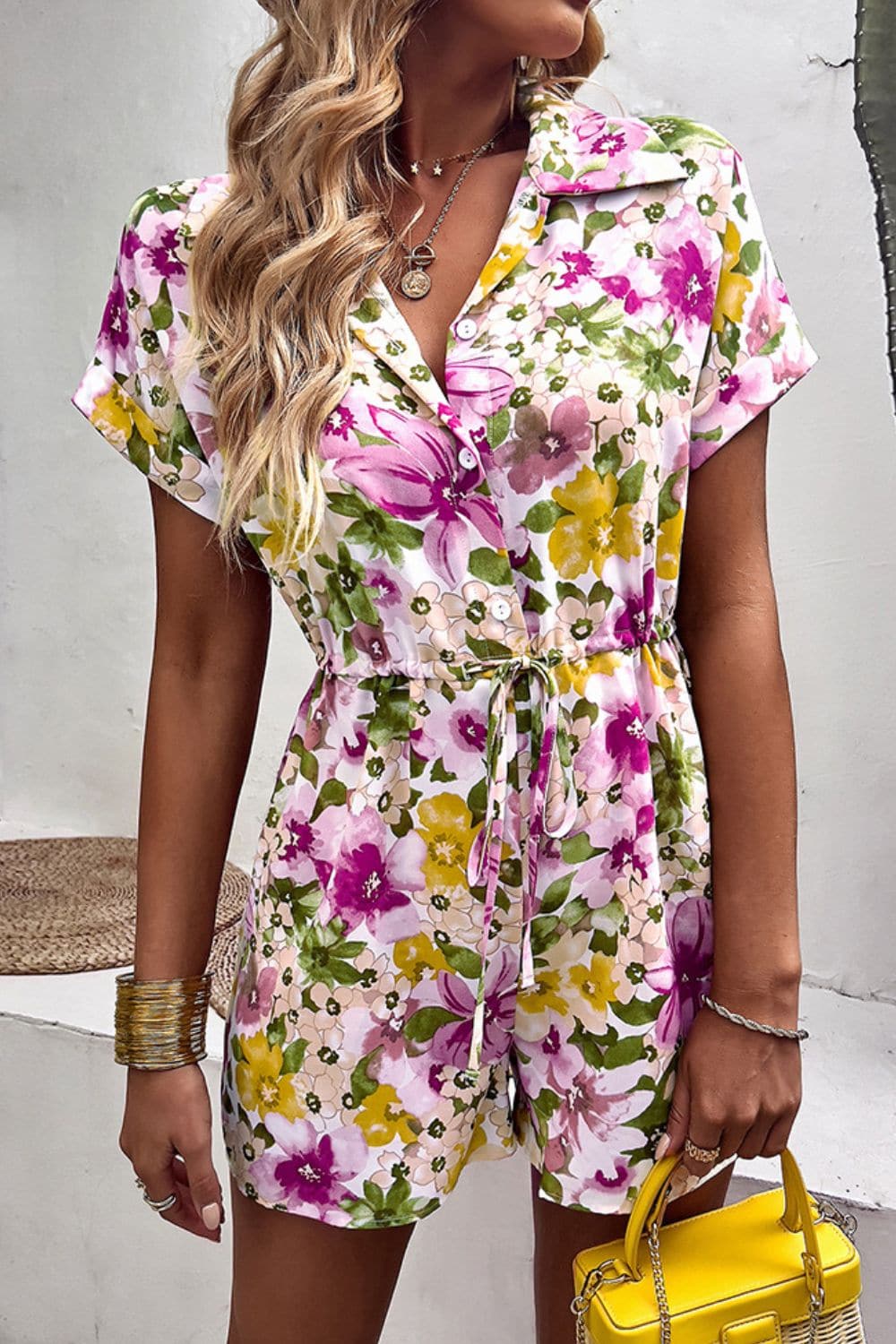 Floral Drawstring Lapel Collar Romper with Pockets - Love culture store
